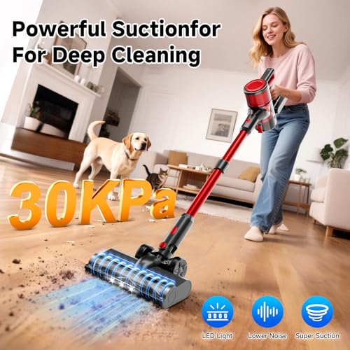 BSNAW Cordless Vacuum Cleaner for Home - Lightweight, 30Kpa Stick Vacuum Clean with Rechargeable Battery, Max 45Mins Runtime, 8 in 1 Handheld Vacuum for Hardfloor & Carpets Pet Hair, Red
