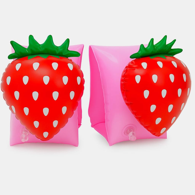 FLOBO Kids Arm Bands 25x15CM Inflatable Floaties for Ages 3-6 Cute Swim Armbands in 9 Fun Designs (Unicorn, Dinosaur, Bear, Donut & More) Safe, Easy to Use, Pool & Beach Ready - Strawberry