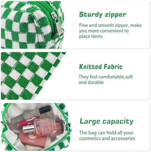 ZLFSRQ 3Pcs Checkered Makeup Bag for Women Large Cosmetic Bag Set Travel Toiletry Bag Makeup Pouch Bag for Purse Pink Zipper Storage Bag Organizer Cute Small Aesthetic Girls Car Essentials Bag