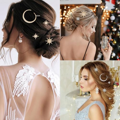 Rhinestone Hair Accessories Set, 6 Pieces Moon and Stars Hair Clips, Alloy Diamond-studded Hair Accessories for Women Girls (Gold+Silver)