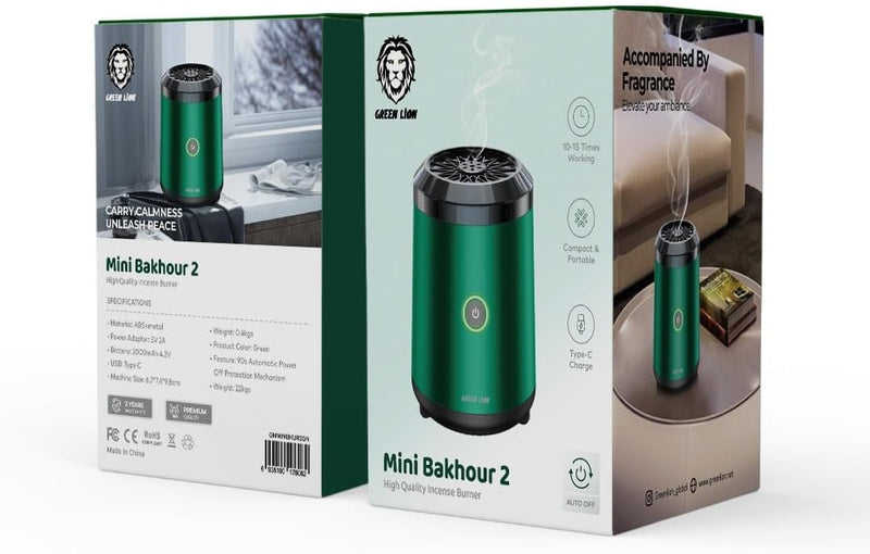 Green Lion Smart Bakhour Rechargeable Electric Car Incense Burner, USB-C Portable Mini Burner, Aluminum Alloy Design, Strong Power for Fast Burning, Long-Lasting Fragrance - Green