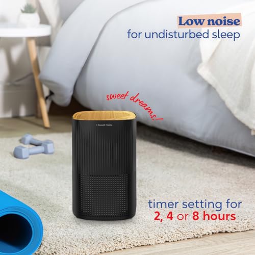 Russell Hobbs Air Purifier for Bedroom and Home 100m³/h CADR, Carbon Filter 99.95% Catches Bacteria, Allergy Odor Dust, LED Screen, Mini Clean Air Scent, Scandi Wood Effect
