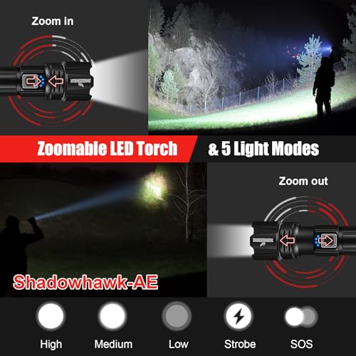 Shadowhawk Flashlight Led USB Rechargeable, 10000 lumens Torch Light XHP70.2, Super Bright Tactical Flashlights, IP67 Waterproof Zoomable, for Outdoor Camping Hiking Emergency(with Battery)