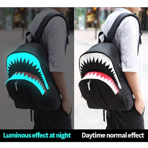 WVHTHVW Shark School Bag for Boys 12-14, Black Laptop Backpack for Boy, Noctilucent Cool Back Bag for Kids Back to School Travel (Black)