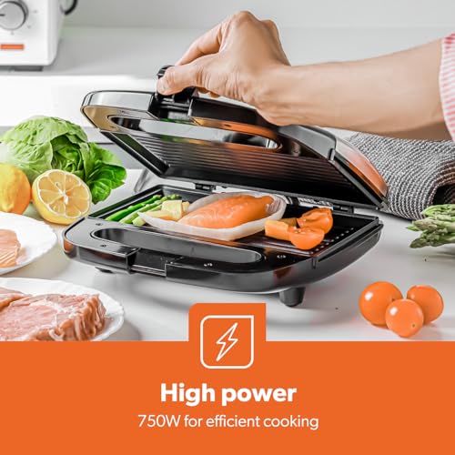 Geepas Portable Powerful 2 Slice Grill Maker with Non-Stick Coated Plates With Safety Locks,Cool Touch Handle & Skid- Resistant Feet, Power On & Ready Light Indicators 750 W GGM6001 Black