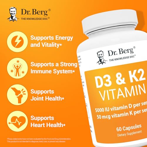 Dr. Berg D3 K2 Vitamin 5000 IU w/MCT Powder - Includes 50 mcg MK7 Vitamin K2, Purified Bile Salts, Zinc & Magnesium for Ultimate Absorption - K2 D3 Vitamin Supplement - 60 Capsules