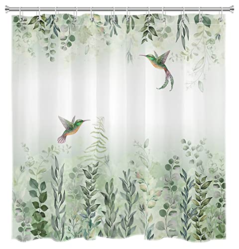 EOBTAIN Sage Green Leaves Shower Curtain Eucalyptus Hummingbird Bird Shower Curtains White Green Leaf Botanical Plant Floral Cottagecore Aesthetic Bathroom Curtain 12 Hooks Durable Fabric 72X72Inches