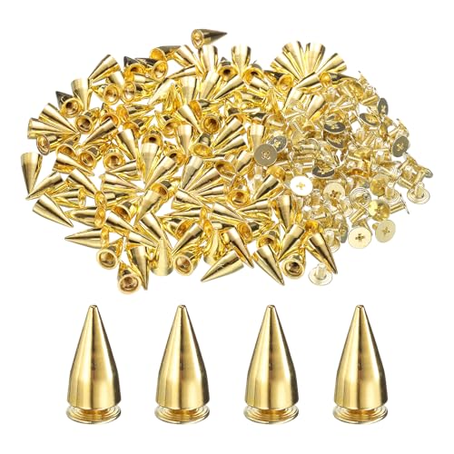 sourcing map 110 Sets Spikes and Studs, 7 x 13mm Cone Spikes Screw Back Studs Rivets, Cone Punk Spikes Rivet for Clothing Belts Bags DIY Leather Crafts, Gold
