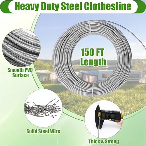 Anglekai Outdoor Clothesline Kit, Clothesline Pulley Kit Include 150FT Clothes Line/ 2 Pulley/ 2 Separator Spreader/Tightener/ 4 Hooks for Outdoor Clothes