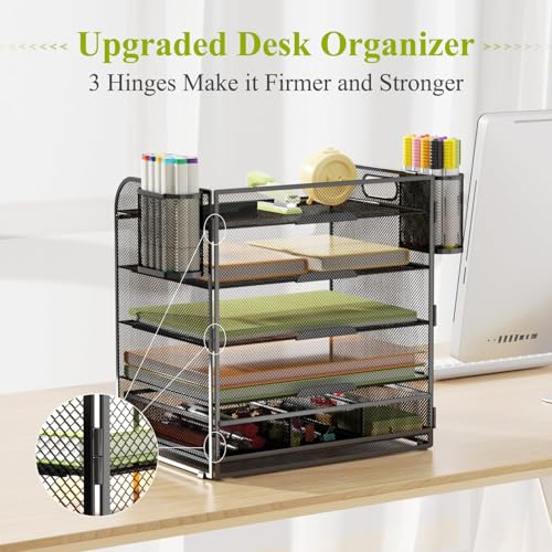 5Tray Desk Organizer with Drawer,Mesh Paper Letter Tray Organizer with Handleand 2Pen Holder,Desktop File Organizer and Storage Office Organization Metal Paper Tray for Letter/A4 Office File Folder