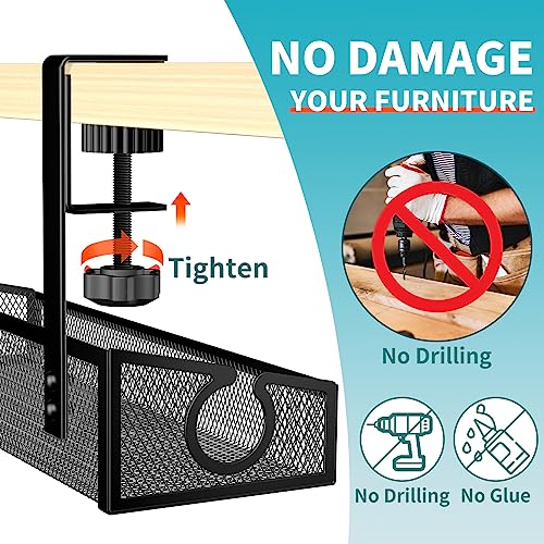 Under Desk Cable Management Tray Black, No Drill Organizer With Clamp for Wire Management, PC Cord Accessories & Workspace Organizers for Office, Home