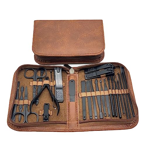 X spring Professional Nail Clippers Set, 25 Pcs Black Stainless Steel Nail Care Kit, Pedicure and Manicure Set with Brown Leather Travel Case, Household Nail Clippers Pedicure Tools for Men and Women