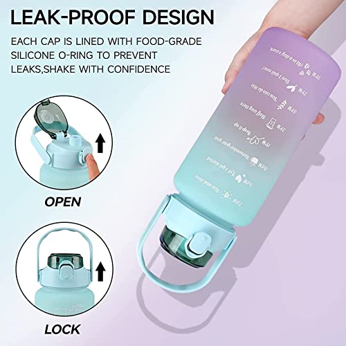 AIMBIGG 2L Water Bottle with Straw 64 Oz Motivational Sports Water Bottle with Time Capacity Marker BPA Free Big Large Gym Cycling Water Bottle Cup Jug for Kids School Outdoor Fitness (Aqua Lilac)