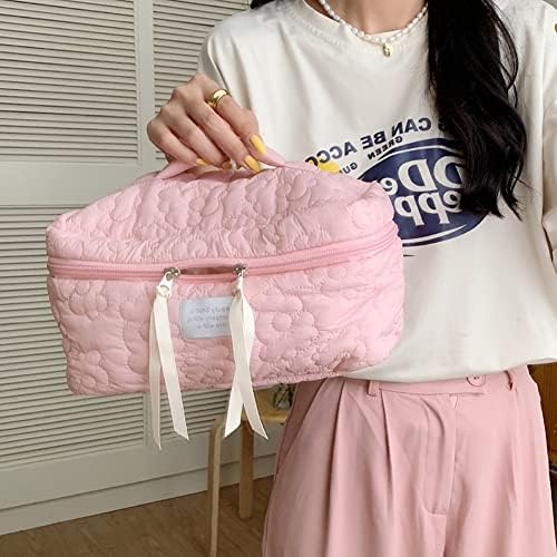 Juoxeepy Cotton Makeup Bag Large Travel Cosmetic Bag Quilted Cosmetic Pouch Coquette Aesthetic Floral Toiletry Bag, A-White, 10x5.9x5.3in