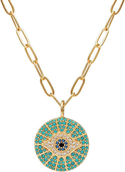 14k Gold Plated Evil Eye Pendant Necklace for Women 18-20Inch,Round Circle Disk Minimalist Jewelry