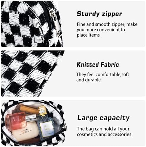 ZLFSRQ 3Pcs Checkered Makeup Bag for Women Large Cosmetic Bag Set Travel Toiletry Bag Makeup Pouch Bag for Purse Pink Zipper Storage Bag Organizer Cute Small Aesthetic Girls Car Essentials Bag