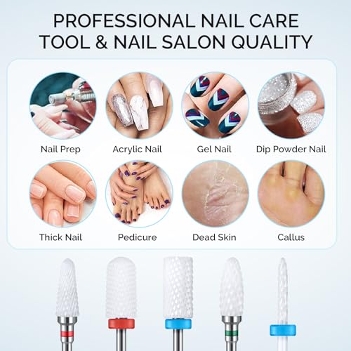 MelodySusie Professional Ceramic Nail Drill Bits Set - Acrylic Nail File Drill Bit Machine 3/32 Inch for Manicure Pedicure Cuticle Gel Nail Polishing, 5pcs