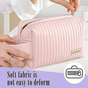 Small Makeup Bag, PU Striped Leather Cosmetic Bag, Portable Travel Makeup Pouch,Waterproof Cosmetic Pouch with Handle,Cute Makeup Bags for Women and Girls (Blue)