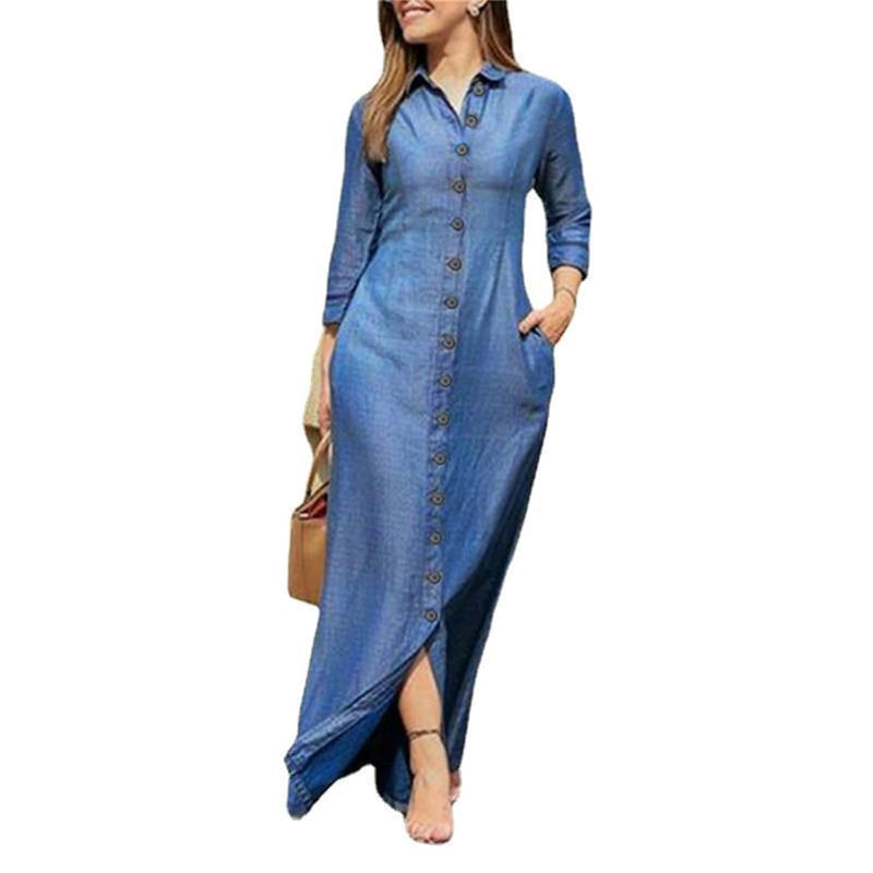 MOTIM Women’s Casual Shirt Dress, Button Down Denim Maxi Dress Lapel Long Sleeve Long Jean Dresses with Pockets