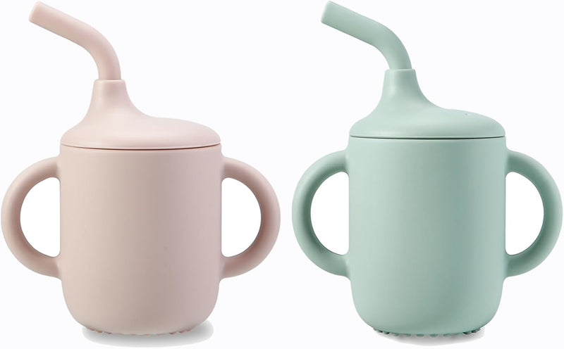 PandaEar 2 Pack 100% Tiny Silicone Drinking Training Cup with Handles & Straw for Baby and Toddler (White Blue)