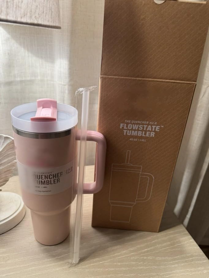 Quencher H2.0 FlowState Stainless Steel Vacuum Insulated Tumbler with Lid and Straw for Water, Iced Tea or Coffee, Smoothie and More, 40 oz (Rose Quartz)