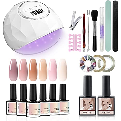 Nitakou Gel Nail Polish Kit with 48W LED Light,6 pcs Icy Jelly Series Gel Polish with Base & Top Coat for Starter Set Nail Art DIY Manicure at Home