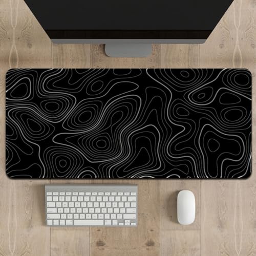 ECVV Gaming Mouse Pad XL - 80x30cm Large Mouse Mat with Anti-Slip Rubber Base for Keyboard and Mouse, for Home and Office�?Black with White Topographic Line�?