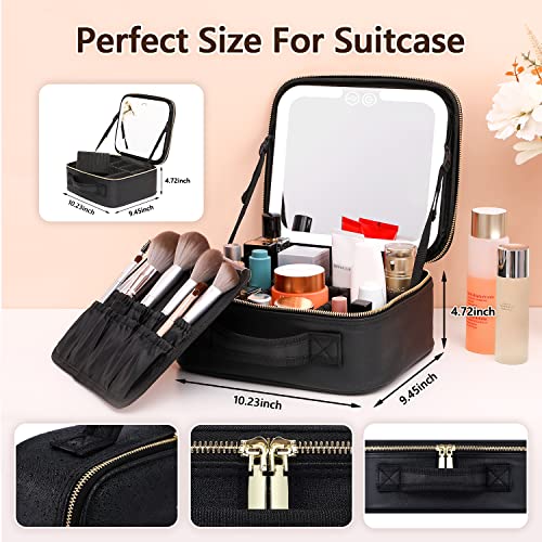 VANMRIOR Travel Makeup Bag with LED Lighted Make up Case with Mirror 3 Color Setting Cosmetic Makeup Box Organizer Vanity Case for Women Beauty Tools Accessories Case Rechargeable, Black, Travel