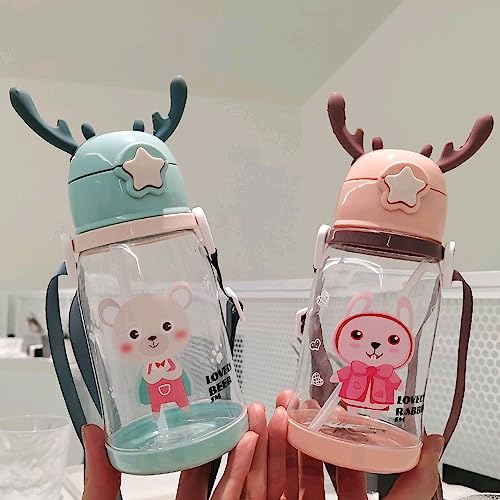 BAVIEN Cartoon Water Bottle Kids, 600ml Cute Animal Water Cup for Girls, Leak-Proof Water Bottle with Straw and Chug Lids, Perfect for School, Sports, and Outdoors (White)