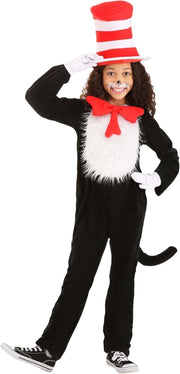 Kids Black and White Cat Costume Furry Jumpsuit with Red Hat, Bow Tie & Tail Unisex Halloween Outfit for Book Day & School Events
