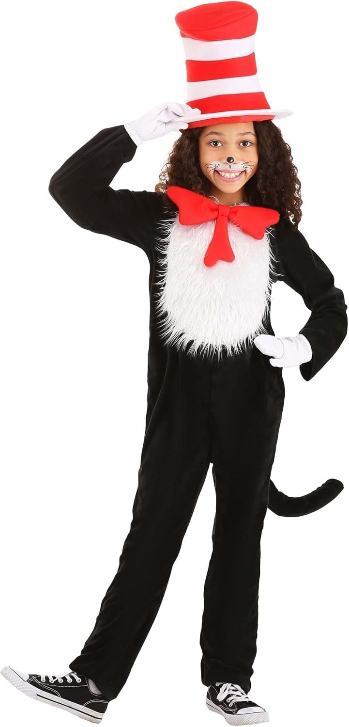 Kids Black and White Cat Costume Furry Jumpsuit with Red Hat, Bow Tie & Tail Unisex Halloween Outfit for Book Day & School Events