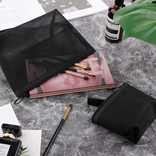 3 Pieces Mesh Cosmetic Bag Mesh Makeup Bags Mesh Zipper Pouch for Offices Travel Accessories, 3 Sizes (Black)
