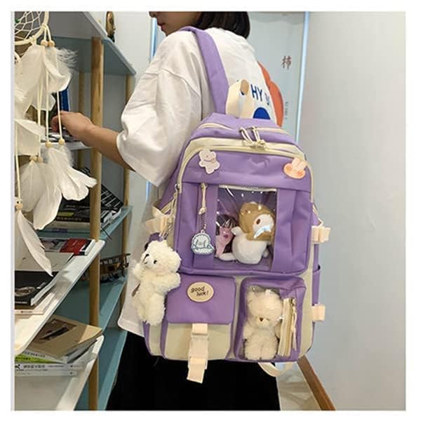 TOMVAES 5 Pcs School Book Bag Set,Bear Pendant Canvas Combo,School Backpack Bag,Girl Student Tote Crossbody Daypack Boy Pencil Case,Girls schoolbag School Shoulder Bags Backpack