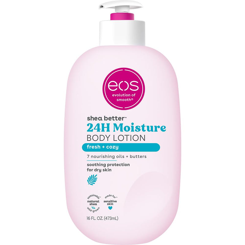 eos Shea Better Body Lotion Fresh & Cozy, 24-Hour Moisture Skin Care, Lightweight & Non-Greasy, Made with Natural Shea, Vegan, 16 fl oz