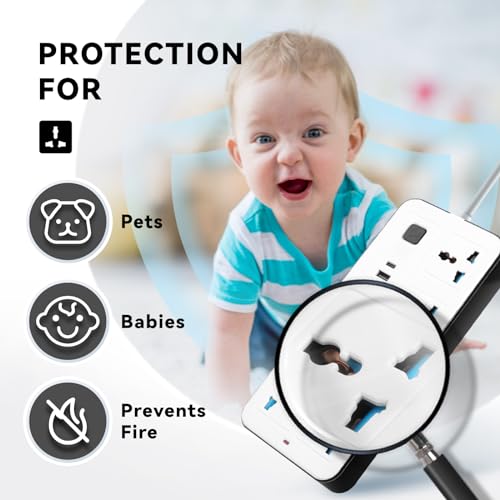 Eli-time Universal Extension Lead with Multiple Function, UK 3 Pin Socket Outlet with 6 Gang | 3 USB Port | 1 Type-C Port,2M Electric Socket Mains Strip for Home,Kitchen,and Office (White)