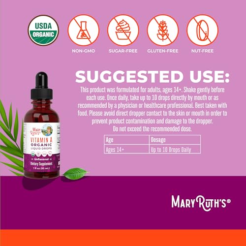 MaryRuth Organics USDA Vitamin A Liquid Drops | 3 Month Supply | Immune Support, Eye Health, Skin Health for Ages 14+ | 750mcg per Serving | Sugar Free | Vegan | Non-GMO | Gluten Free | 1oz