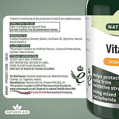 Natures Aid Vitamin E High Strength 400iu | 60 Softgels | Helps Protect Cells from Oxidative Stress | 24mg Mixed Tocopherols