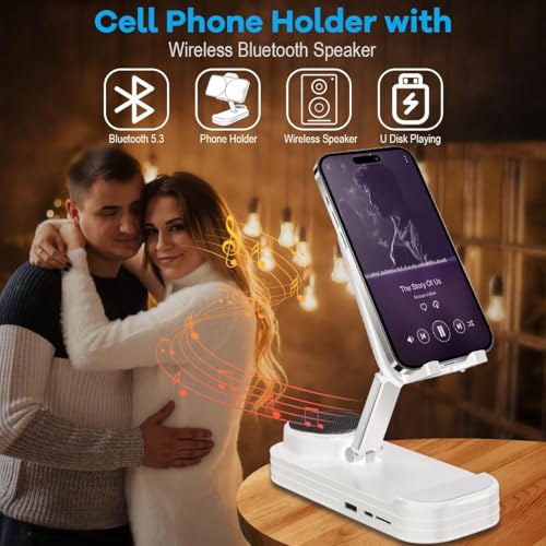 NALACAL Phone Stand with Speaker, HD Surround Sound Bluetooth Speaker, Adjustable Phone Holder, Desktop Tech Gadgets for Women Men Birthday Valentine Present Idea Outdoor Wireless Speaker, White