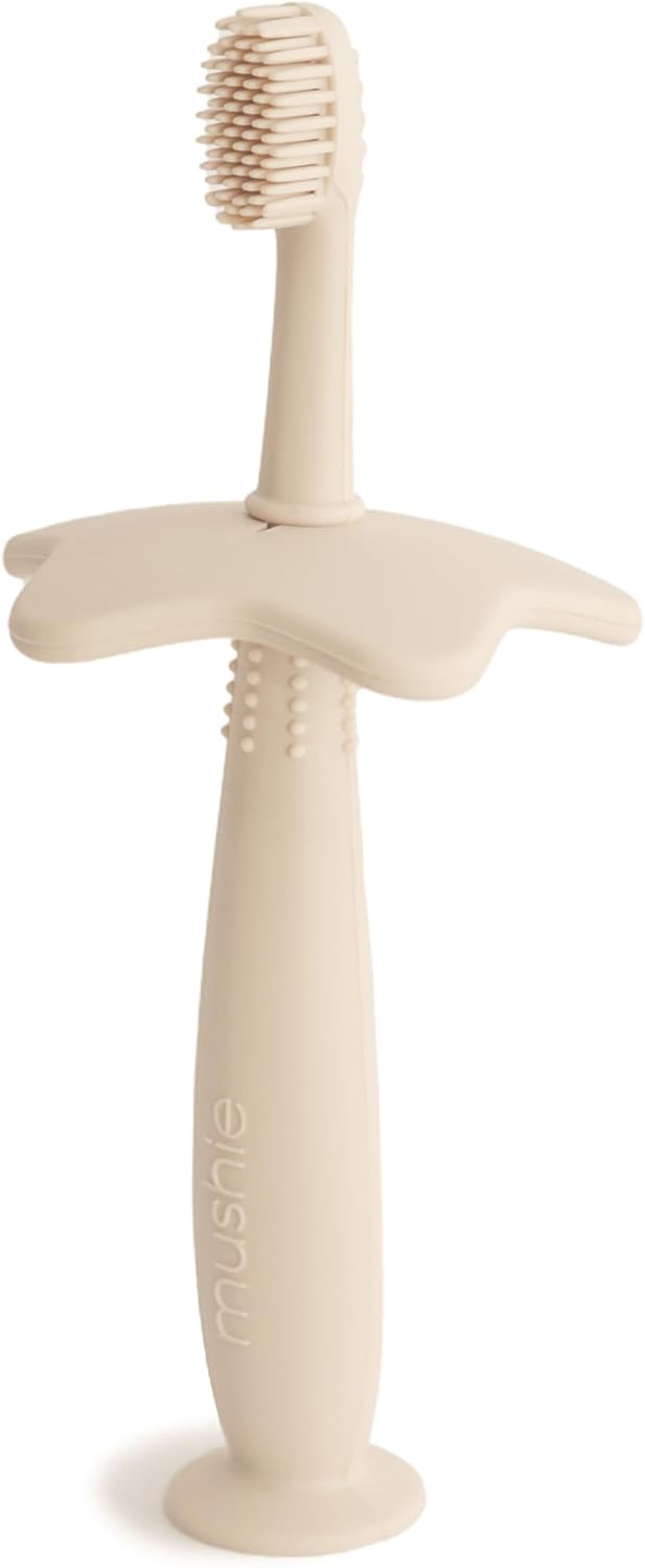 Flower Training Toothbrush for Toddlers- Gentle Gum Stimulation & Choking Prevention - Soft Silicone Bristles & Suction Base with Removable Safety Guard - Soft Lilac - Star (Shifting Sand)