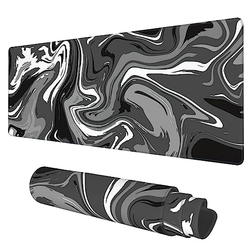 Desk Mat, Abstract Black White Ink Liquid Waves Extended Gaming Mouse Pad Large, 31.5"x11.8" Big Mouse Pad with Non-Slip Base and Stitched Edge, Long Computer Keyboard Mouse Mat for Home Office Work