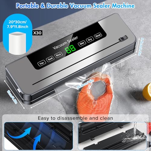 Necomi Vacuum Sealer, 6-in-1 Automatic Sealing Food Saver Machine with 30Pcs Sealing Bags, Dry & Moist Sealing Modes, Built-in Cutter,for Food Fresh and Storage