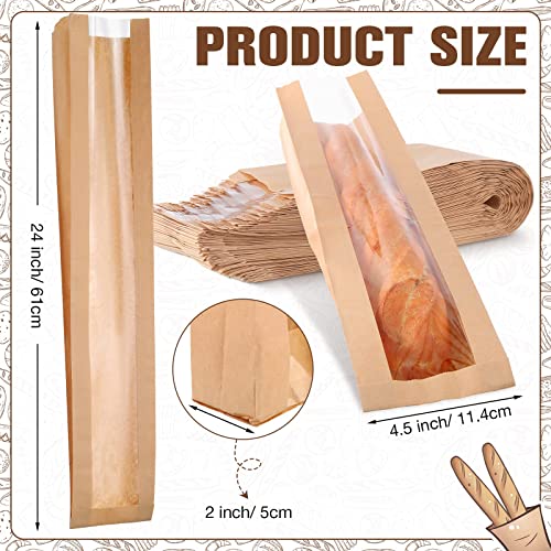 MAKINGTEC Paper Bread Bag, 100PCS Homemade Bread Bags with Window, Baguette Bag for Bread, Brown Kraft Loaf Storage Sacks, Long French Bread Bags, Bread Biscuits Packaging (4.5 x 2 x 24 Inch)