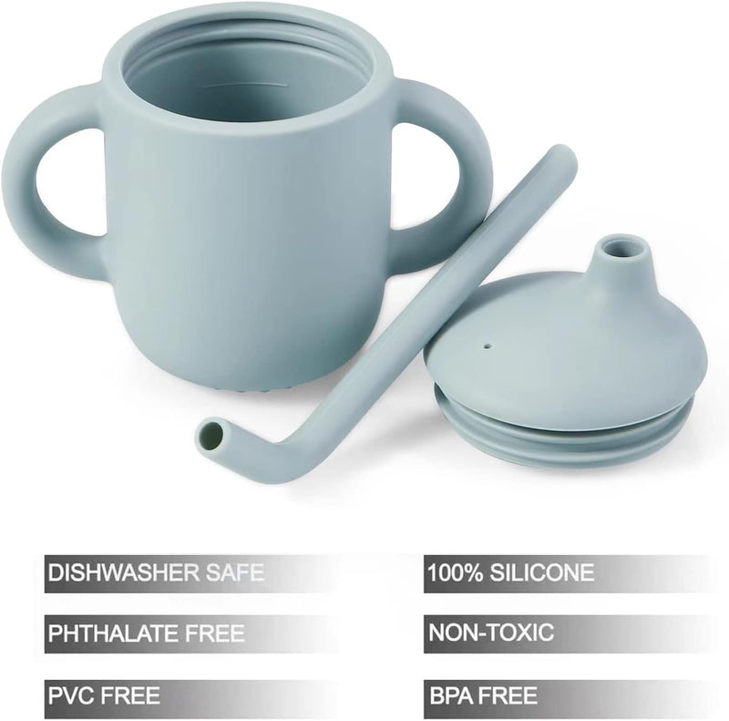 PandaEar 2 Pack 100% Tiny Silicone Drinking Training Cup with Handles & Straw for Baby and Toddler (White Blue)