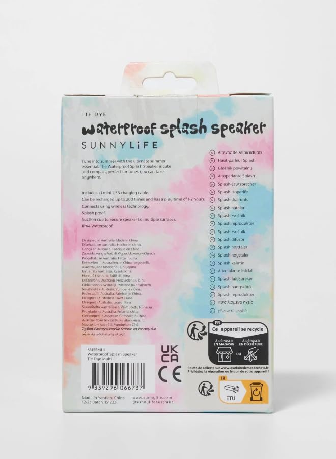 Sunny Life Waterproof Splash Speaker Tie Dye Multi - Portable Bluetooth Speaker - Colorful Tie Dye Design - IPX7 Waterproof for Pool, Beach, or Outdoors - Crisp Sound for Any Adventure