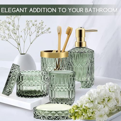 Topsky Green Bathroom Accessory Set, Glass Bathroom Decor Countertop Organizer,5Pcs Bathroom Accessories with Lotion Dispenser(Cylindrical), Soap Dish, Toothbrush Holder, Tumbler, Cotton Swab Jars
