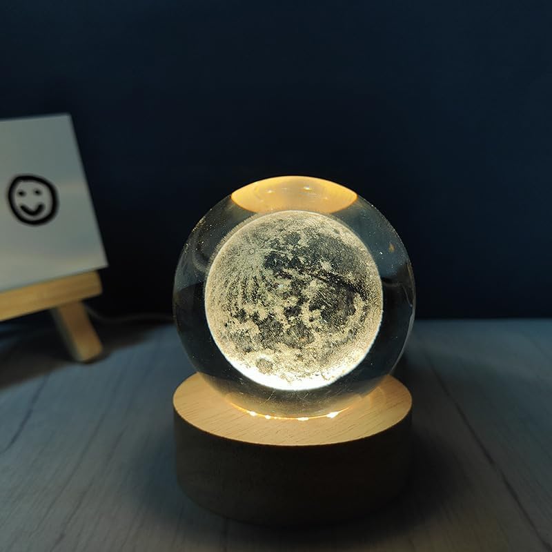 EETU Crystal Glass Ball Night Light,3D Solar System Nightlight Wooden LED Display Base Stand Home Decor Birthday Gifts Decorations Lamp Funny Table Lamp Warm Light for Kids (Moon)