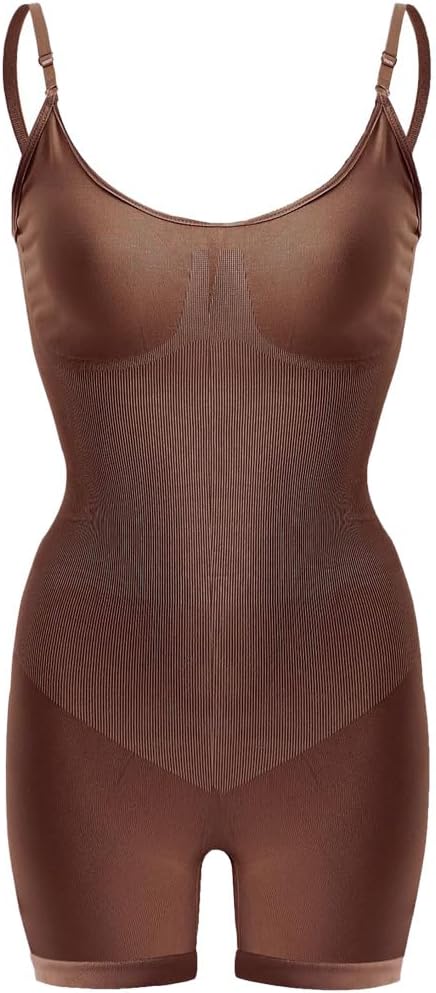 Body Shaper for Women Full Body Shaper, Thigh Slimmer, Hip Up, Waist Compression, Shoulder Adjustable Straps - Coffee