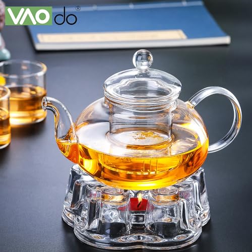 VAODO Glass Teapot Set, 8 Piece Glass Tea Set, 1 Teapot 600ml, 1 Heart Shape Candle Holder and 6 Cups 50ml with Removable Infuser, Tea Gift Sets