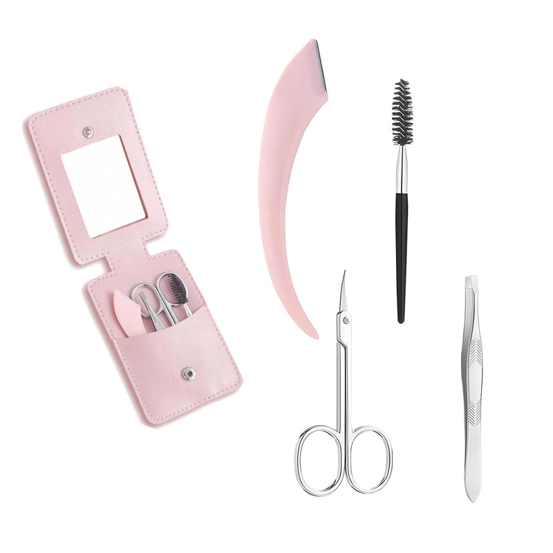 Eyebrow 5PCS Trimmer Kit - Set with Eyebrow Scissors, Eyebrow Razor, Tweezer, Brush, and Mirror, Includes Leather Carry-Around Bag - Women's Grooming Tools for Eyebrows - Pink