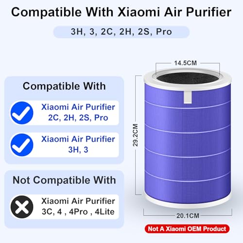 1 Pack Replacement Filter for Xiaomi Mi Air Purifier 3H 3 2C 2H 2S Pro, 3-in1 H13 Grade True HEPA & Activated Carbon Filter Remove PM2.5 Pollen Dust Odor VOCs(Anti-Formaldehyde, Purple)